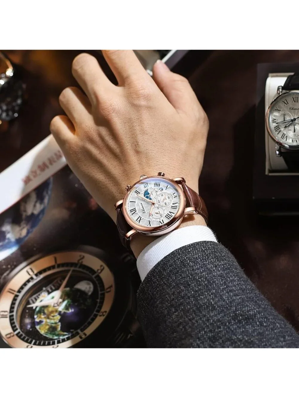 Men's Rose Gold Black Leather Multifunctional Military Analog Chronograph Watch
